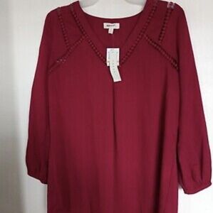 Anthropologie Blouse Women's Burgundy V Neck Long Sleeve Top Tunic Women's Small